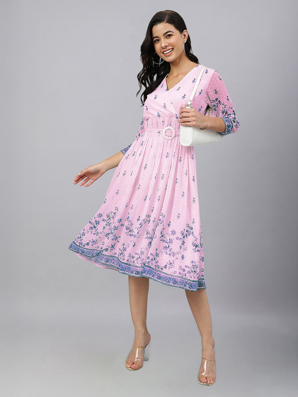 Janasya Baby Pink Fit & Flare Dobby Georgette Dress | Grocsy