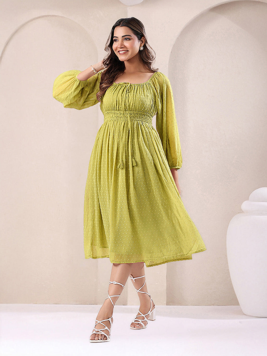 Janasya Lime Green Fit & Flare Dobby Chiffon Dress | Grocsy