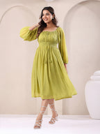 Janasya Lime Green Fit & Flare Dobby Chiffon Dress | Grocsy