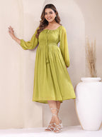 Janasya Lime Green Fit & Flare Dobby Chiffon Dress | Grocsy