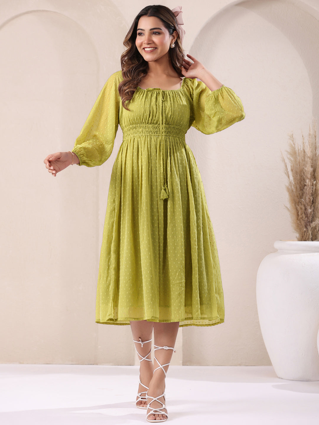 Janasya Lime Green Fit & Flare Dobby Chiffon Dress | Grocsy
