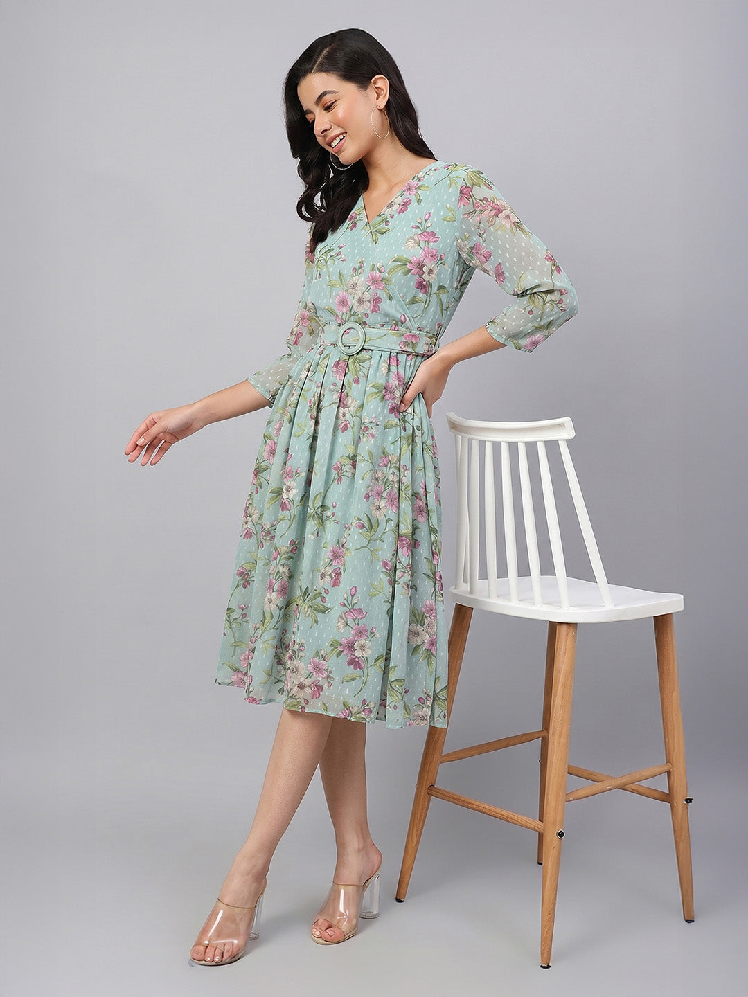 Janasya Sea Green Fit & Flare Dobby Georgette Dress | Grocsy