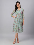 Janasya Sea Green Fit & Flare Dobby Georgette Dress | Grocsy