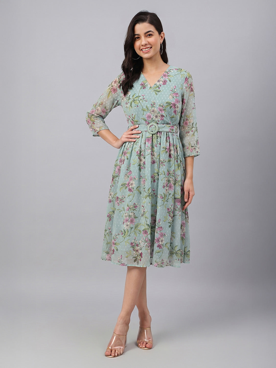 Janasya Sea Green Fit & Flare Dobby Georgette Dress | Grocsy
