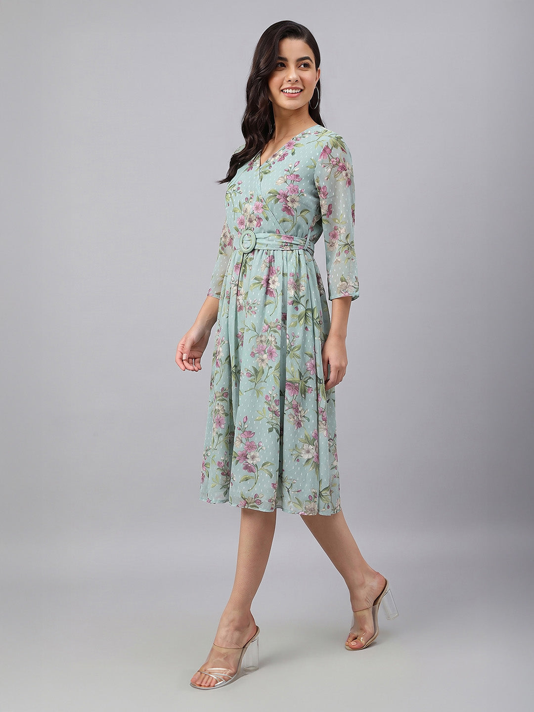 Janasya Sea Green Fit & Flare Dobby Georgette Dress | Grocsy