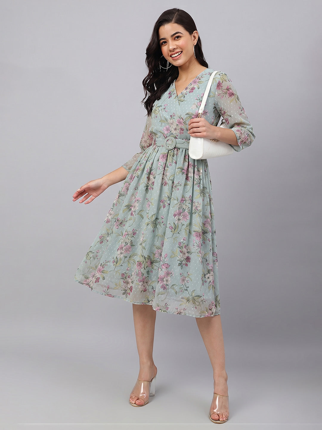 Janasya Sea Green Fit & Flare Dobby Georgette Dress | Grocsy