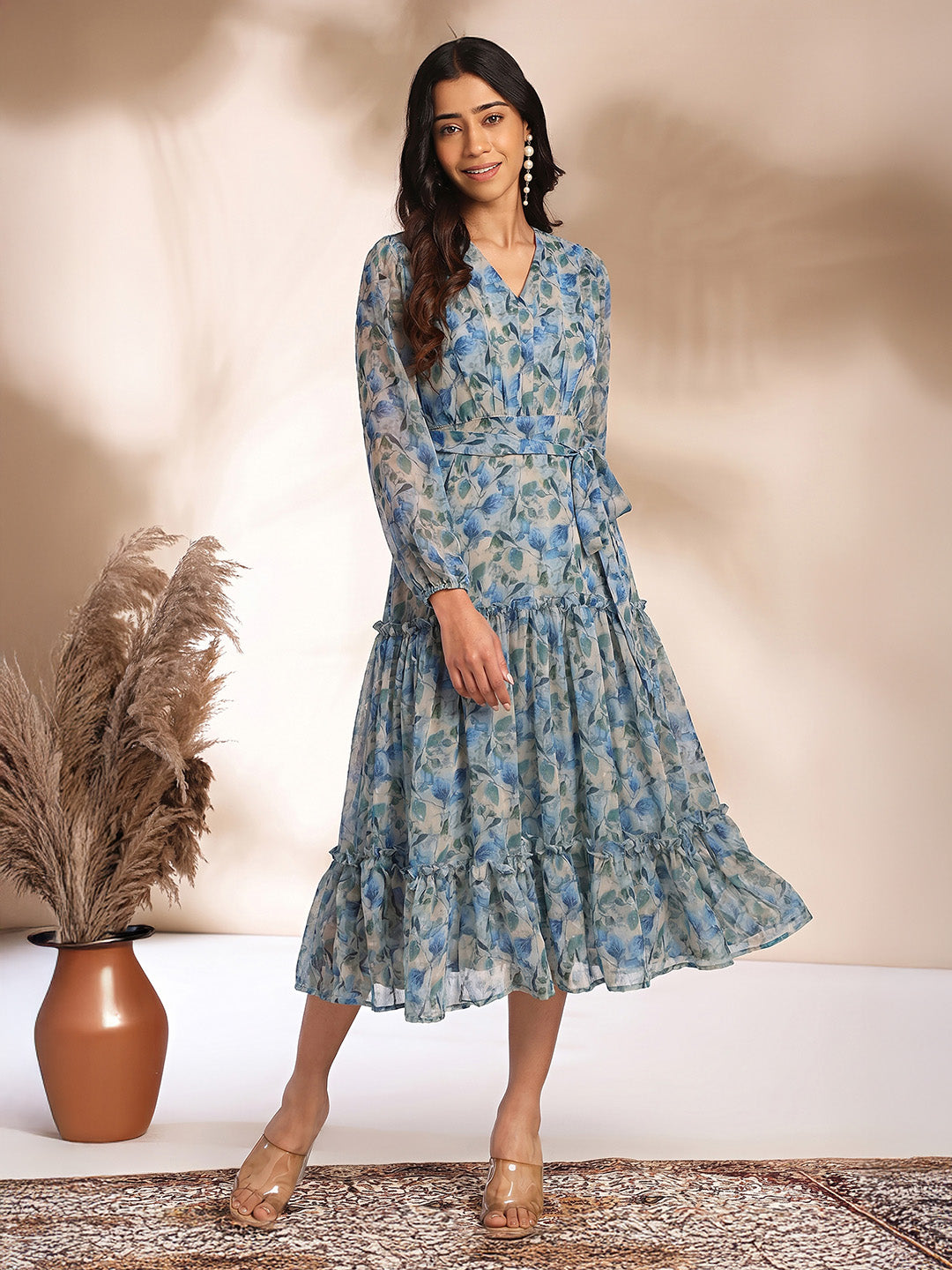 Janasya Beige Tiered Georgette Dress | Grocsy