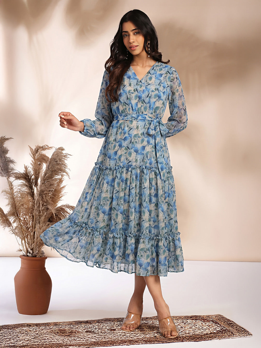 Janasya Beige Tiered Georgette Dress | Grocsy