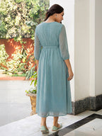 Janasya Powder Blue A-Line Dobby Chiffon Dress | Grocsy