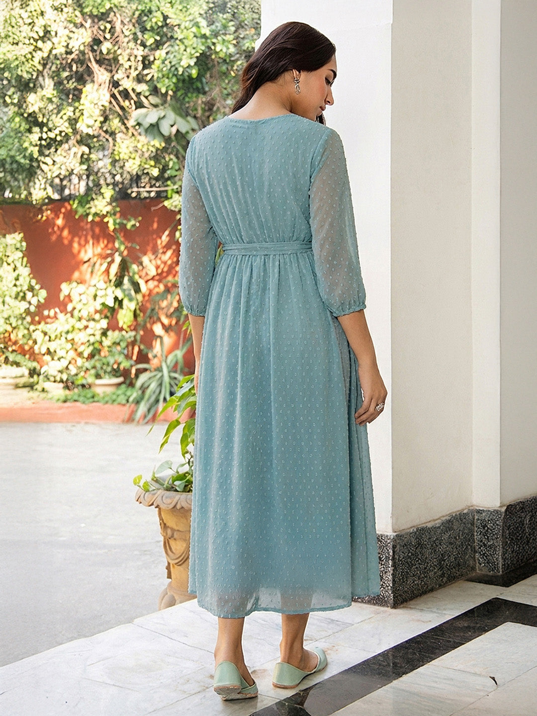 Janasya Powder Blue A-Line Dobby Chiffon Dress | Grocsy