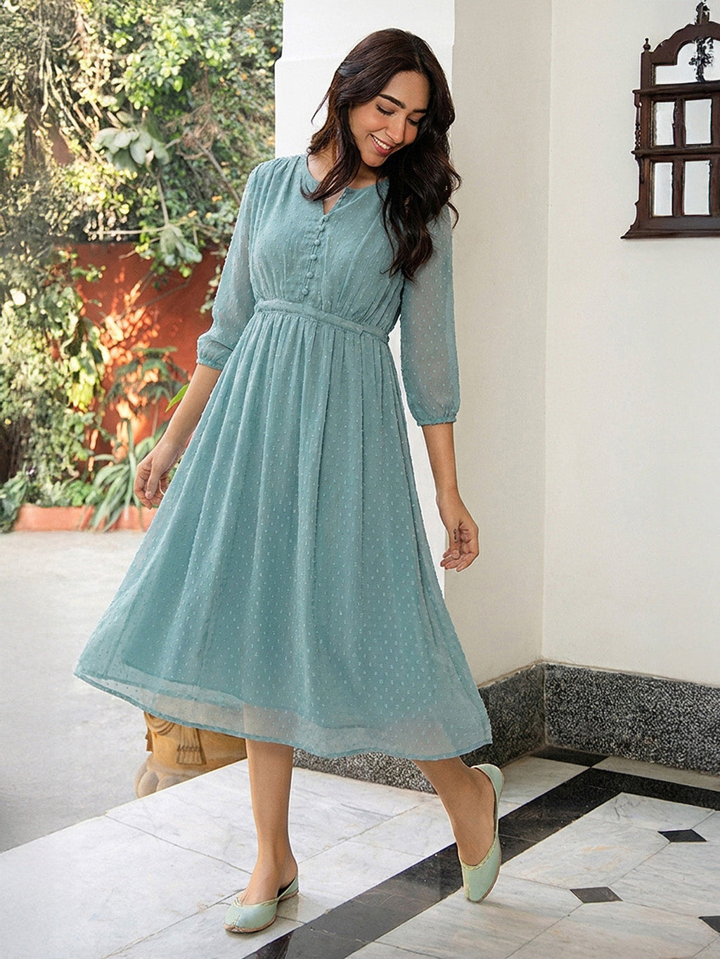 Janasya Powder Blue A-Line Dobby Chiffon Dress | Grocsy