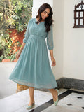 Janasya Powder Blue A-Line Dobby Chiffon Dress | Grocsy