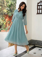 Janasya Powder Blue A-Line Dobby Chiffon Dress | Grocsy