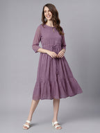 Janasya Lavender Fit & Flare Dobby Chiffon Dress | Grocsy