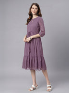 Janasya Lavender Fit & Flare Dobby Chiffon Dress | Grocsy