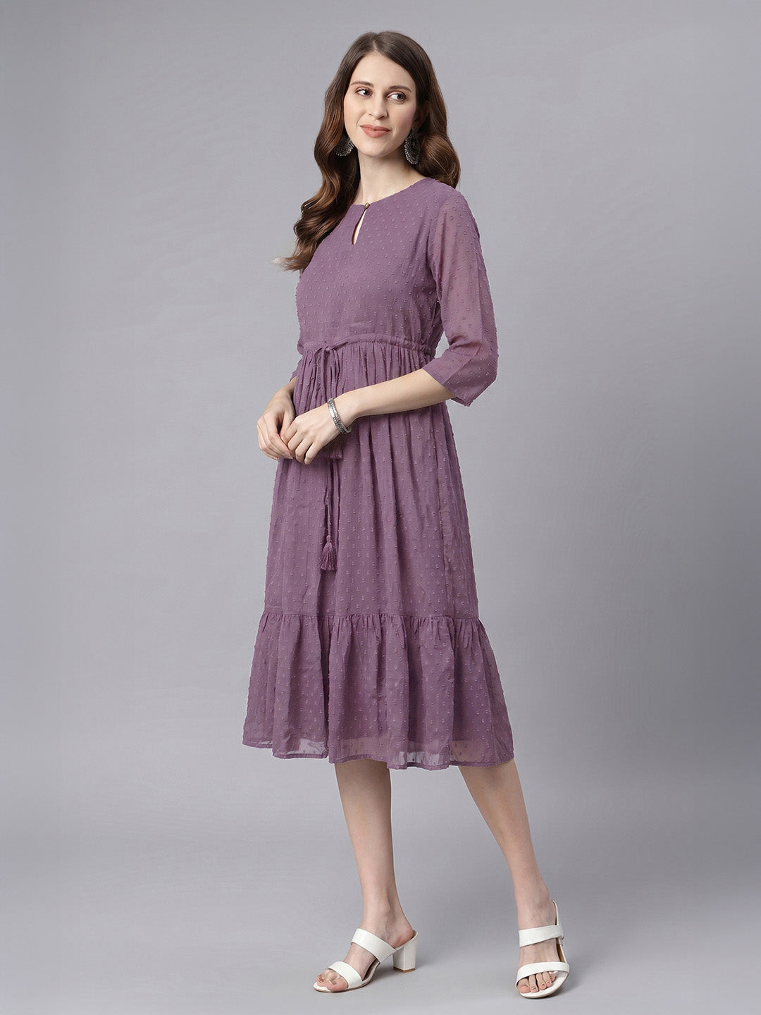 Janasya Lavender Fit & Flare Dobby Chiffon Dress | Grocsy