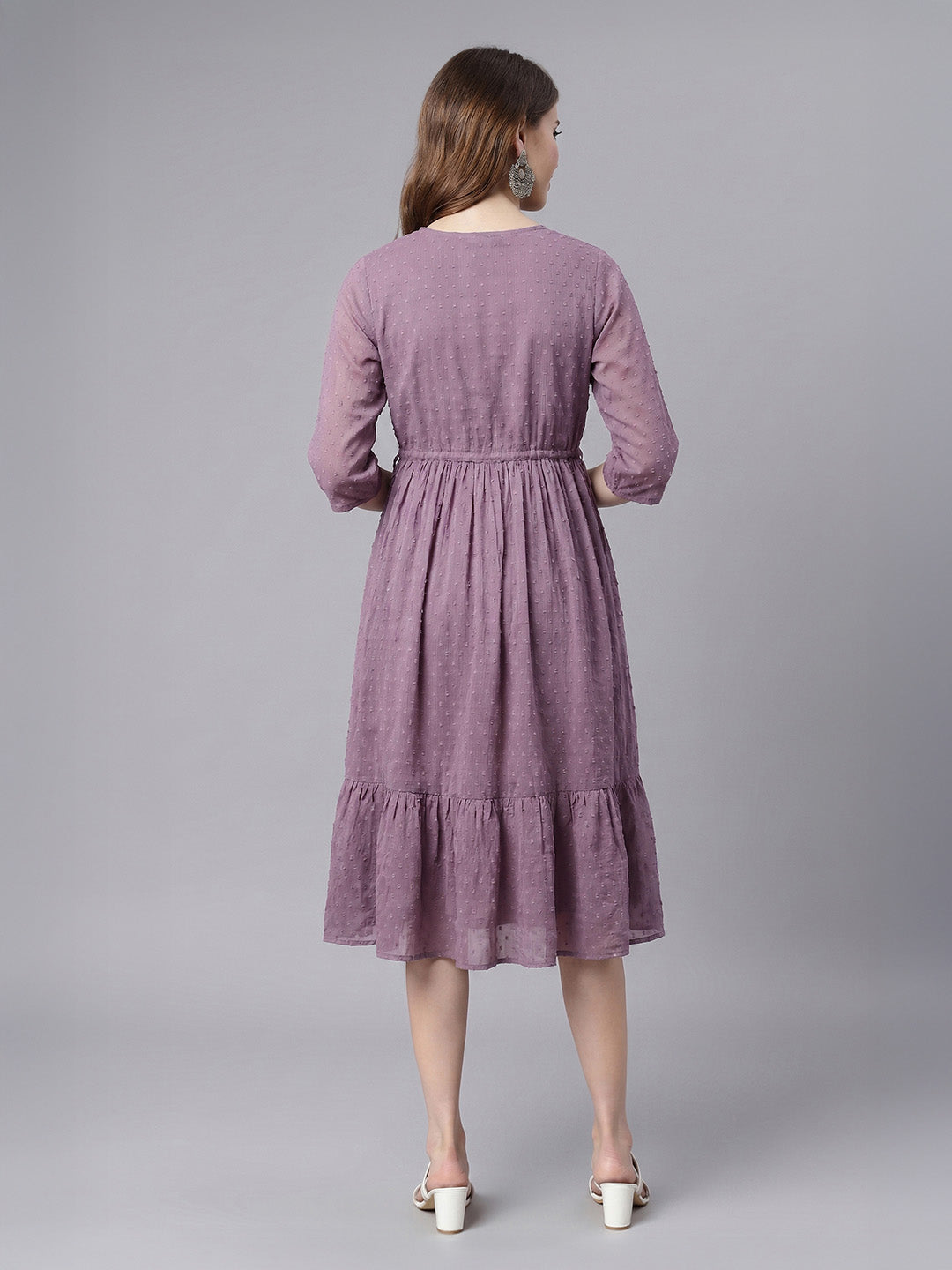 Janasya Lavender Fit & Flare Dobby Chiffon Dress | Grocsy