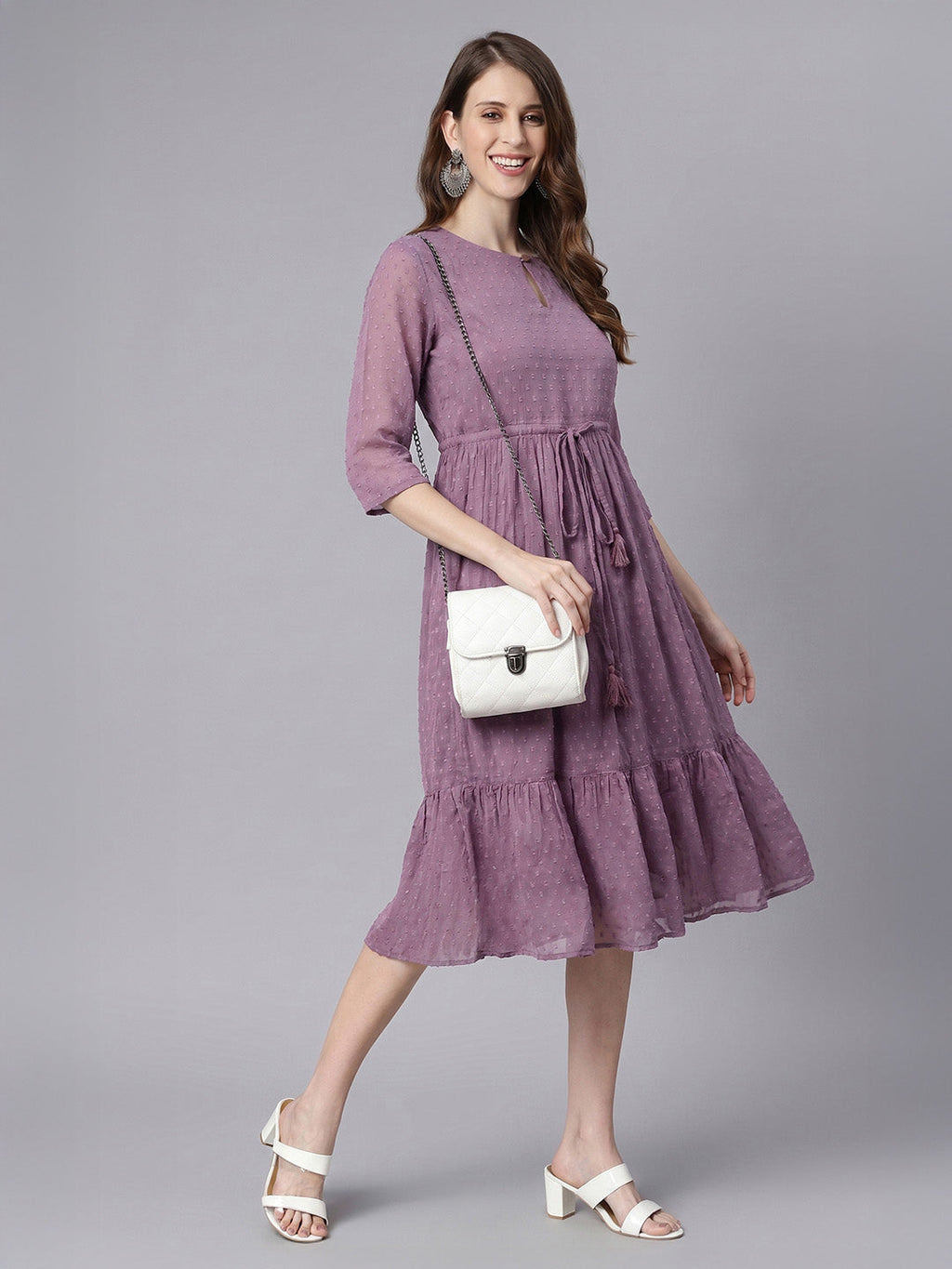 Janasya Lavender Fit & Flare Dobby Chiffon Dress | Grocsy