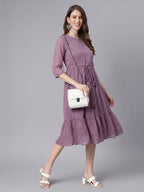 Janasya Lavender Fit & Flare Dobby Chiffon Dress | Grocsy