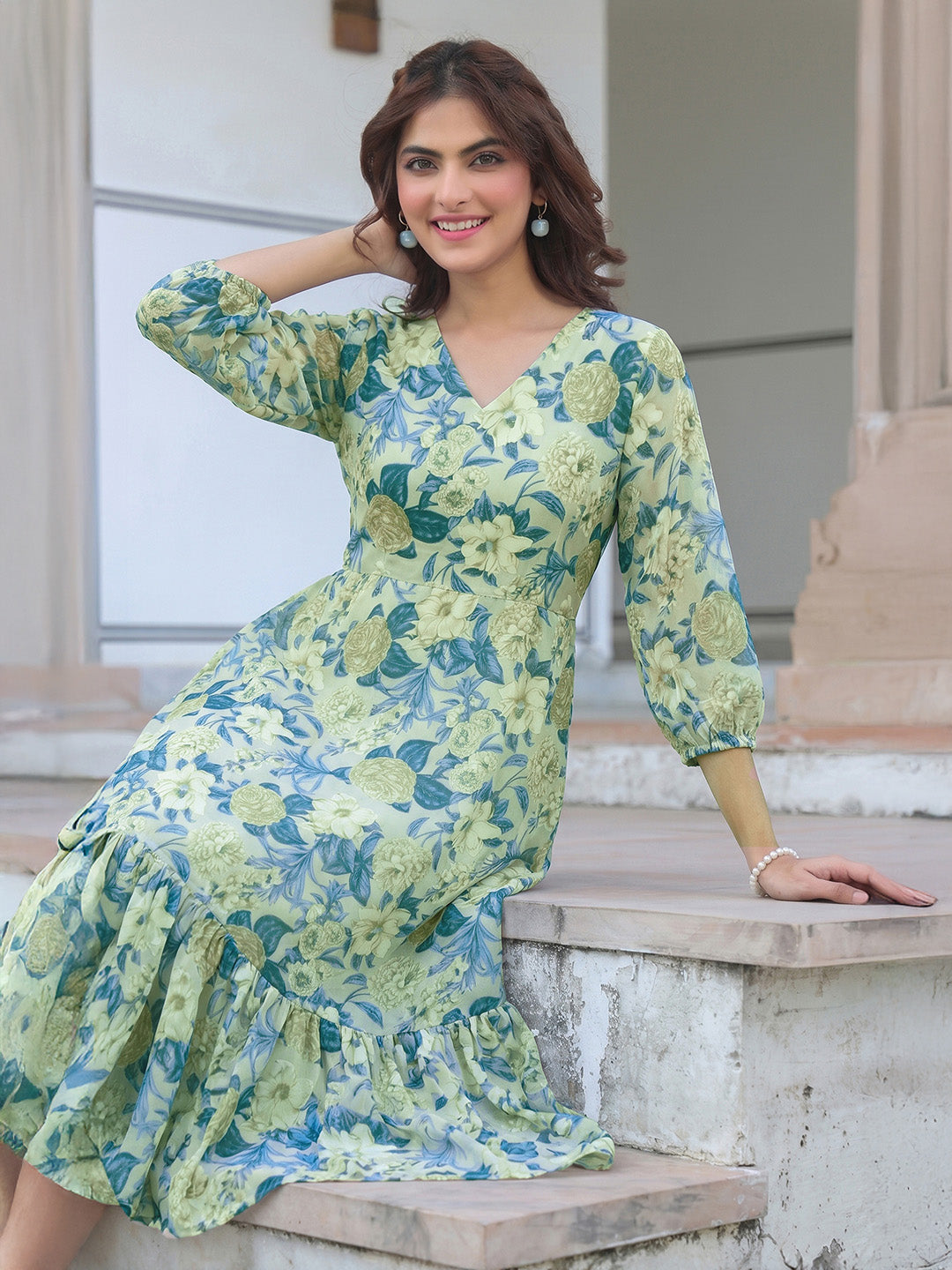 Janasya Light Green A-Line Georgette Dress | Grocsy
