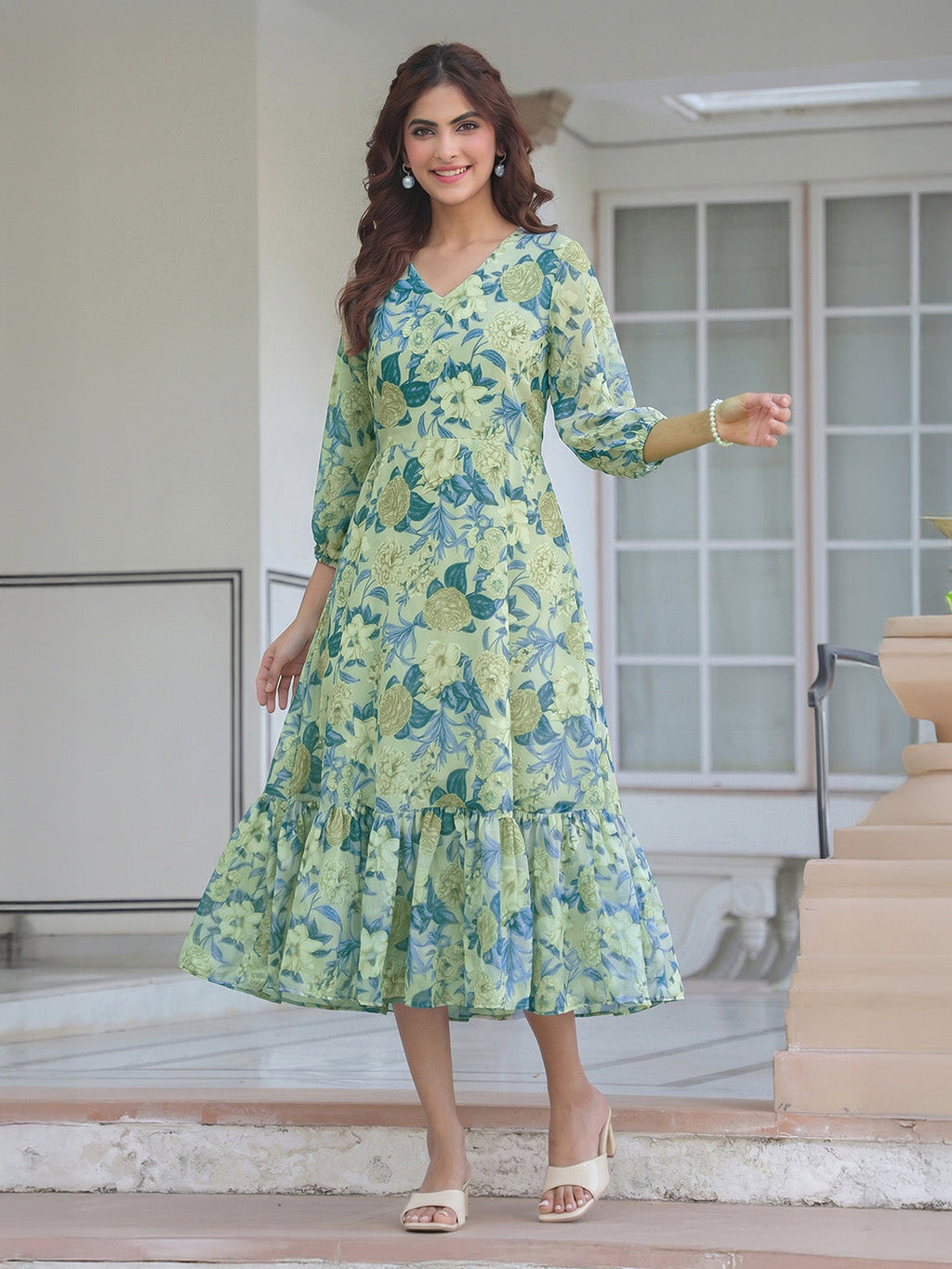Janasya Light Green A-Line Georgette Dress | Grocsy