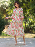 Janasya White Fit & Flare Georgette Dress | Grocsy