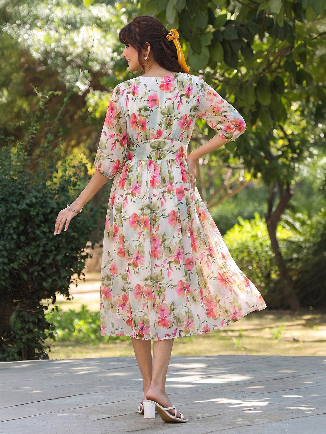 Janasya White Fit & Flare Georgette Dress | Grocsy