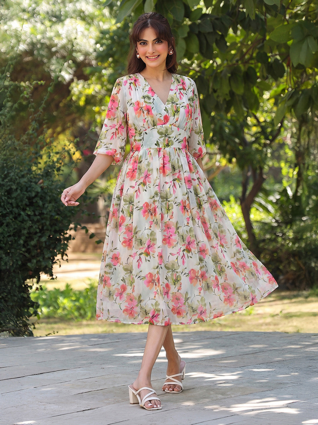 Janasya White Fit & Flare Georgette Dress | Grocsy