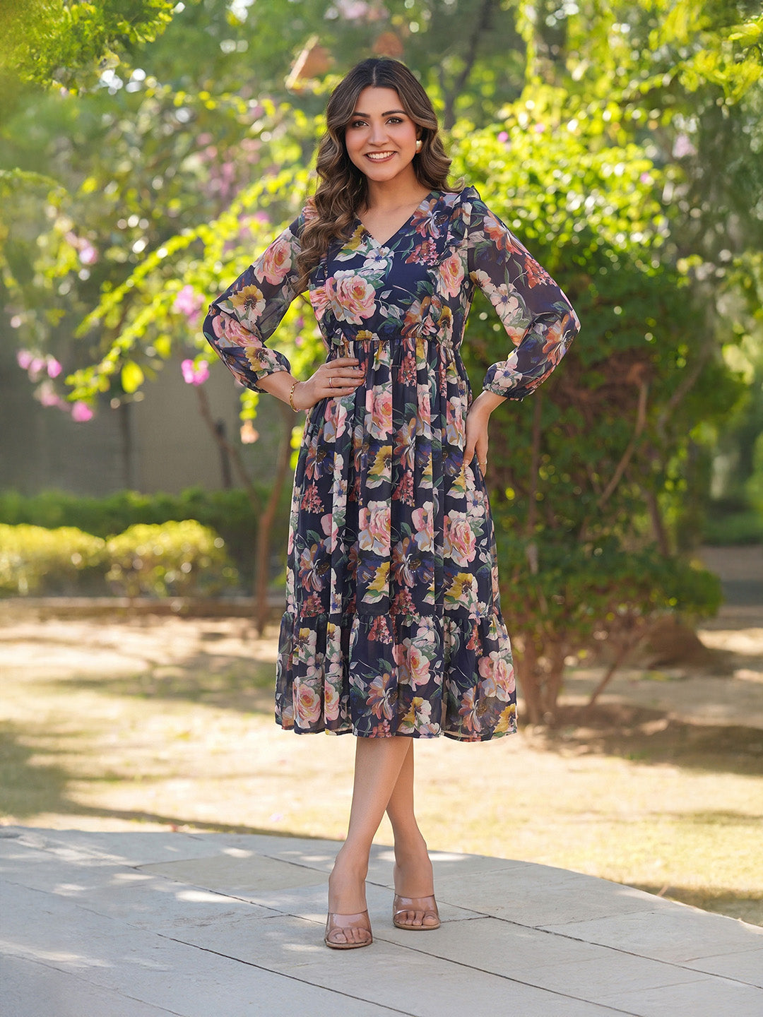 Janasya Purple Fit & Flare Georgette Dress | Grocsy