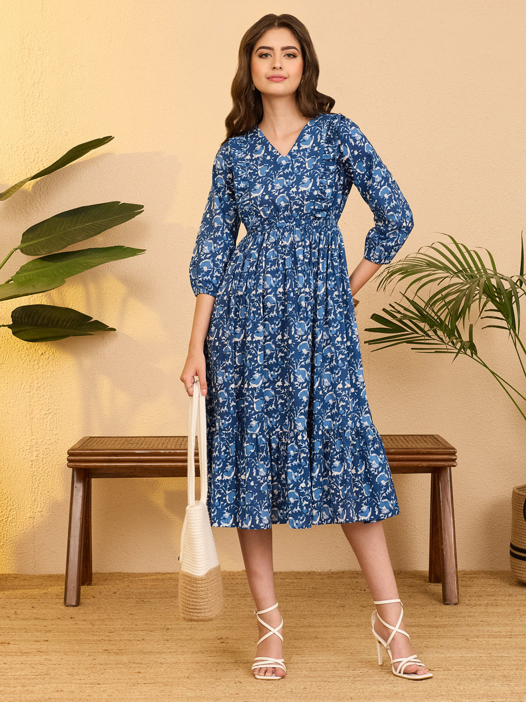 Janasya Indigo Fit & Flare Cotton Dress | Grocsy