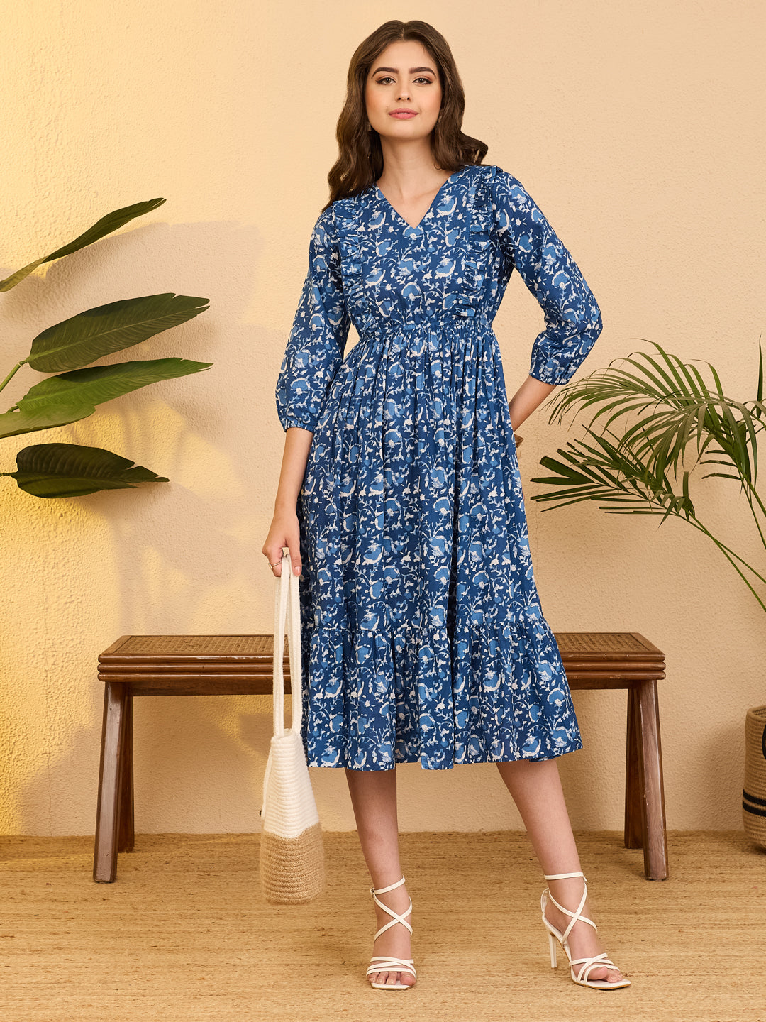 Janasya Indigo Fit & Flare Cotton Dress | Grocsy