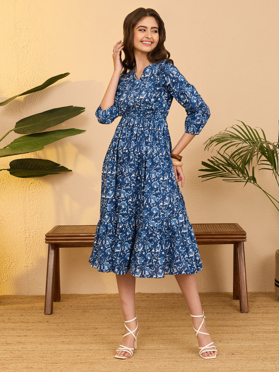 Janasya Indigo Fit & Flare Cotton Dress | Grocsy