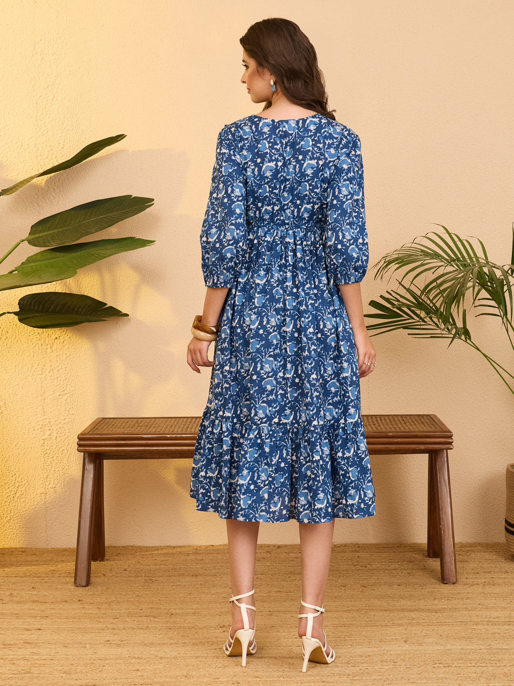 Janasya Indigo Fit & Flare Cotton Dress | Grocsy