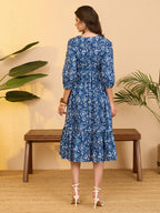 Janasya Indigo Fit & Flare Cotton Dress | Grocsy