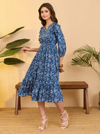 Janasya Indigo Fit & Flare Cotton Dress | Grocsy