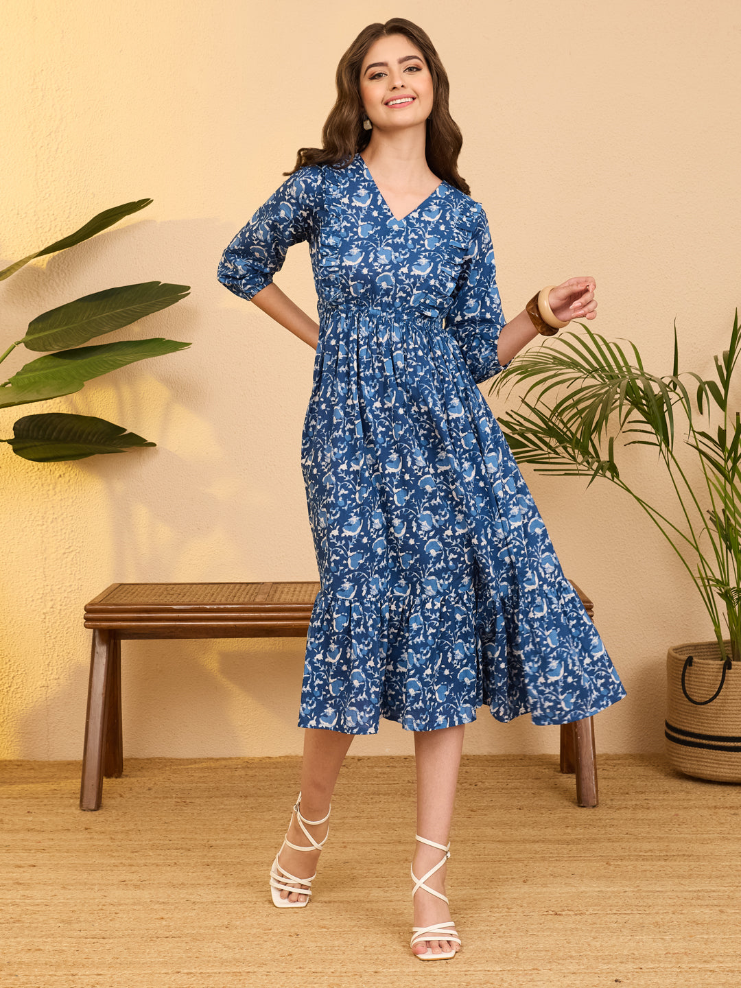 Janasya Indigo Fit & Flare Cotton Dress | Grocsy