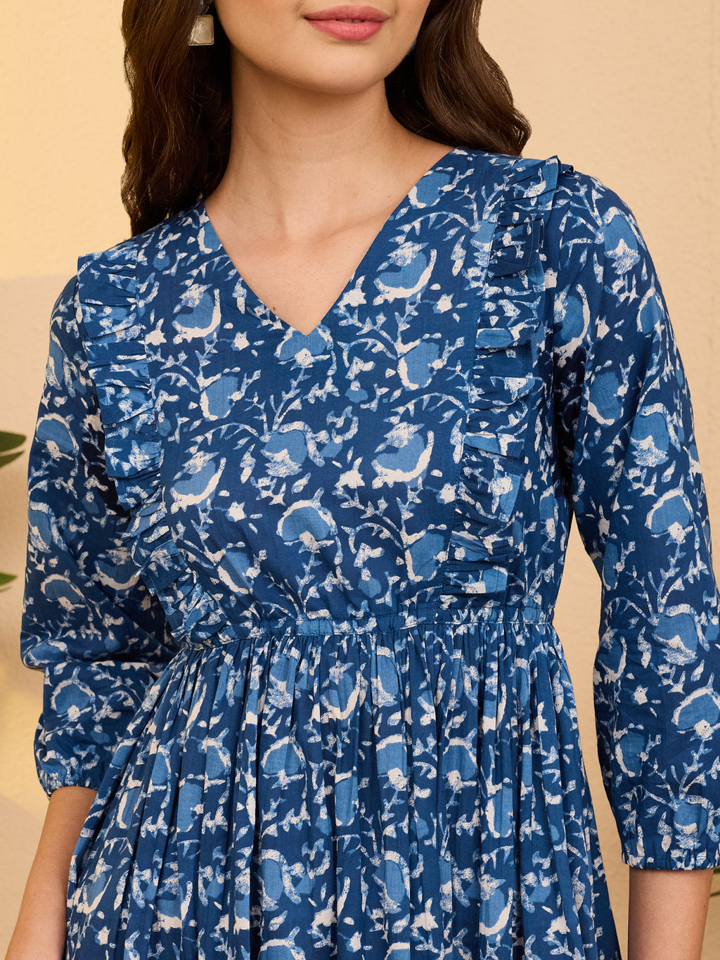 Janasya Indigo Fit & Flare Cotton Dress | Grocsy