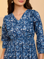 Janasya Indigo Fit & Flare Cotton Dress | Grocsy