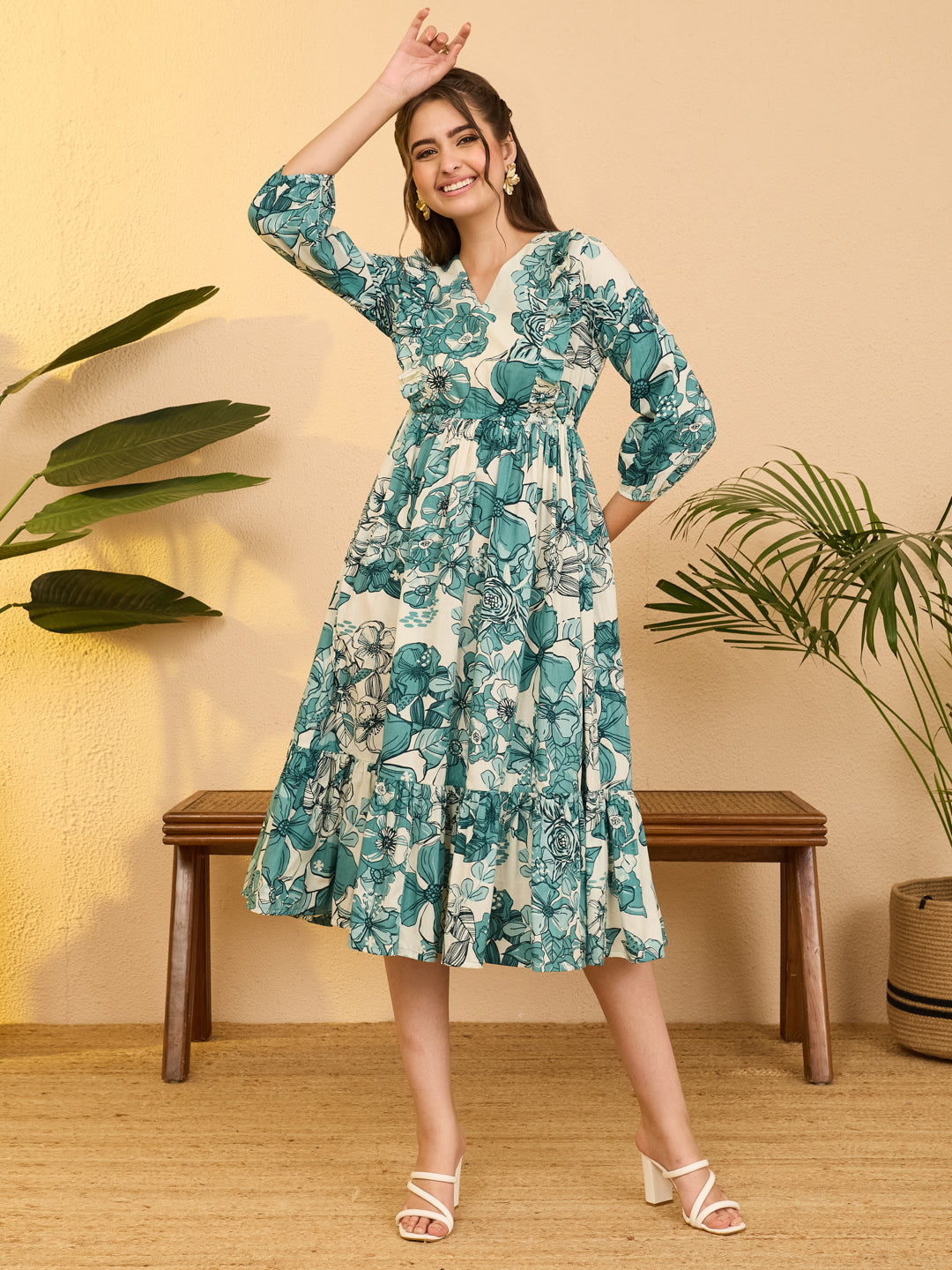 Janasya Off White Fit & Flare Cotton Dress | Grocsy