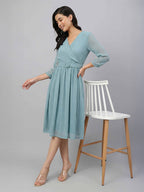 Janasya Aqua Fit & Flare Dobby Chiffon Dress | Grocsy