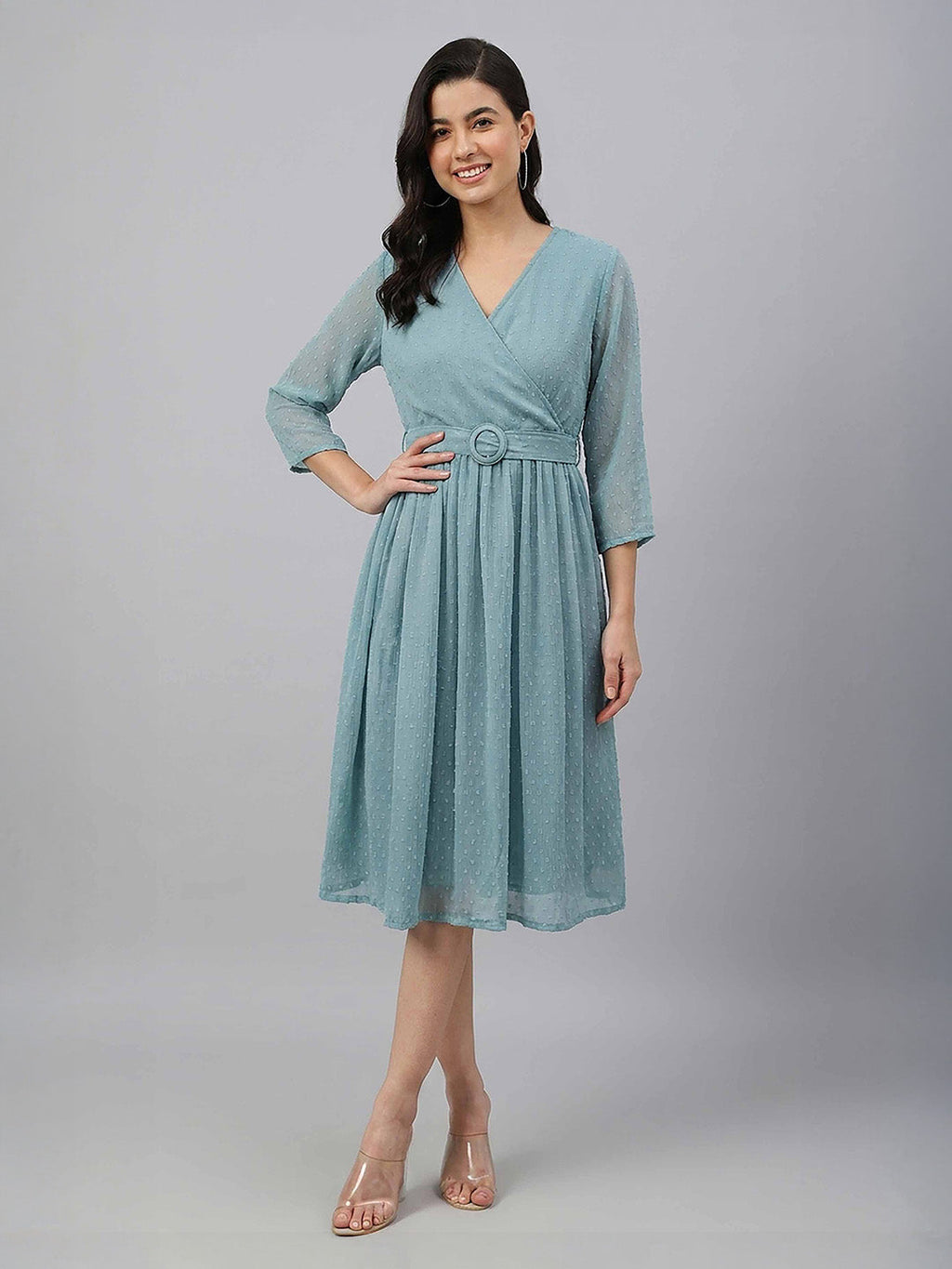 Janasya Aqua Fit & Flare Dobby Chiffon Dress | Grocsy