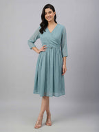 Janasya Aqua Fit & Flare Dobby Chiffon Dress | Grocsy