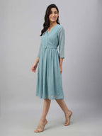 Janasya Aqua Fit & Flare Dobby Chiffon Dress | Grocsy