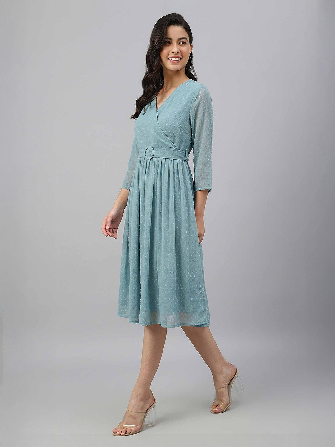 Janasya Aqua Fit & Flare Dobby Chiffon Dress | Grocsy
