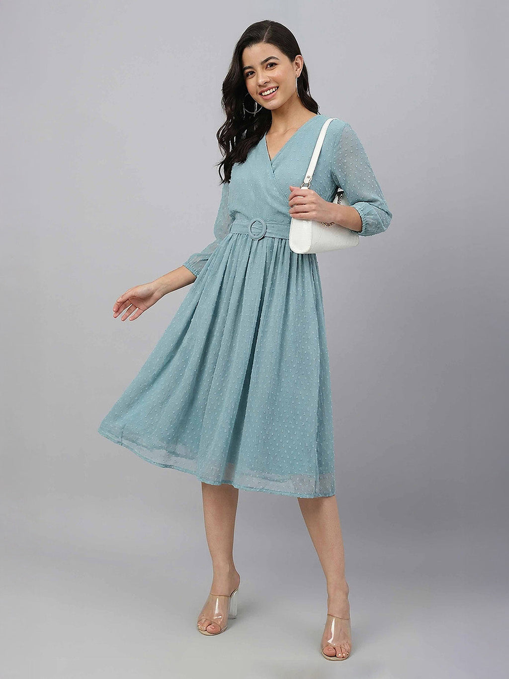 Janasya Aqua Fit & Flare Dobby Chiffon Dress | Grocsy