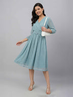 Janasya Aqua Fit & Flare Dobby Chiffon Dress | Grocsy