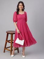 Janasya Magenta Tiered Dobby Chiffon Dress | Grocsy