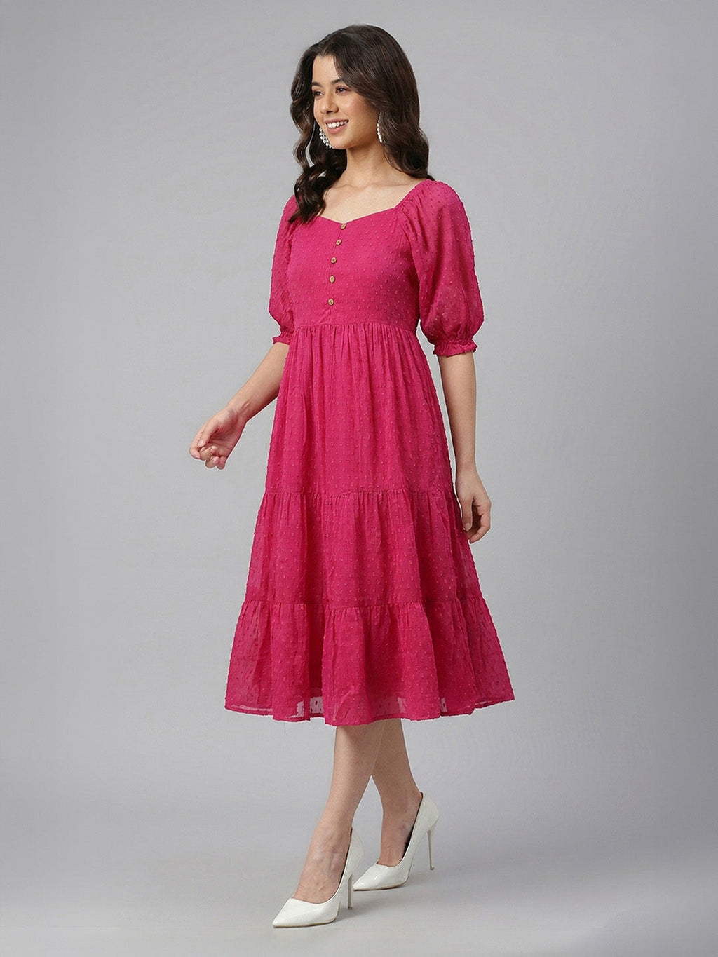 Janasya Magenta Tiered Dobby Chiffon Dress | Grocsy