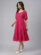 Janasya Magenta Tiered Dobby Chiffon Dress | Grocsy