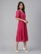 Janasya Magenta Tiered Dobby Chiffon Dress | Grocsy